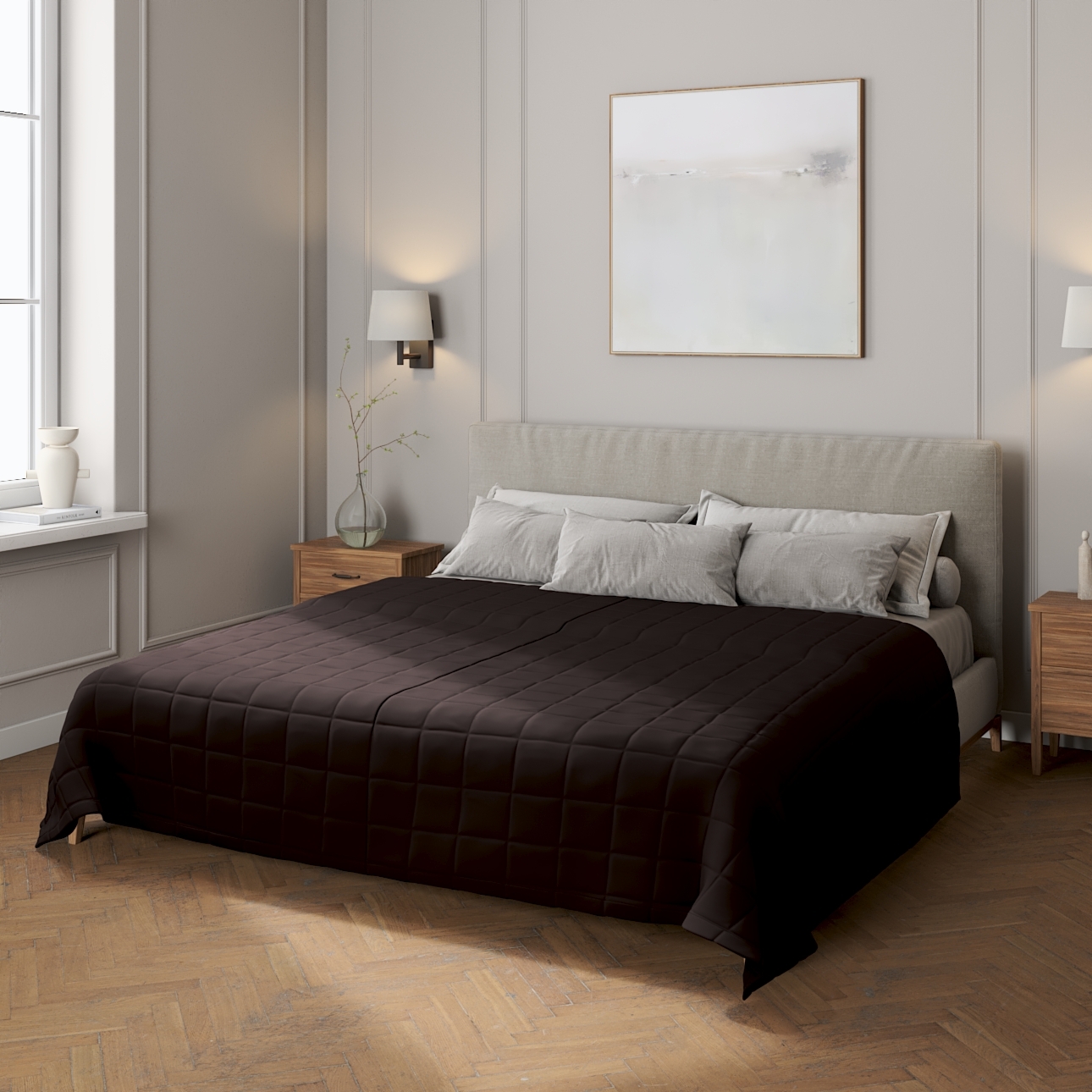 Tagesdecke mit Karosteppung, schwarz, Cotton Panama (702-50)
