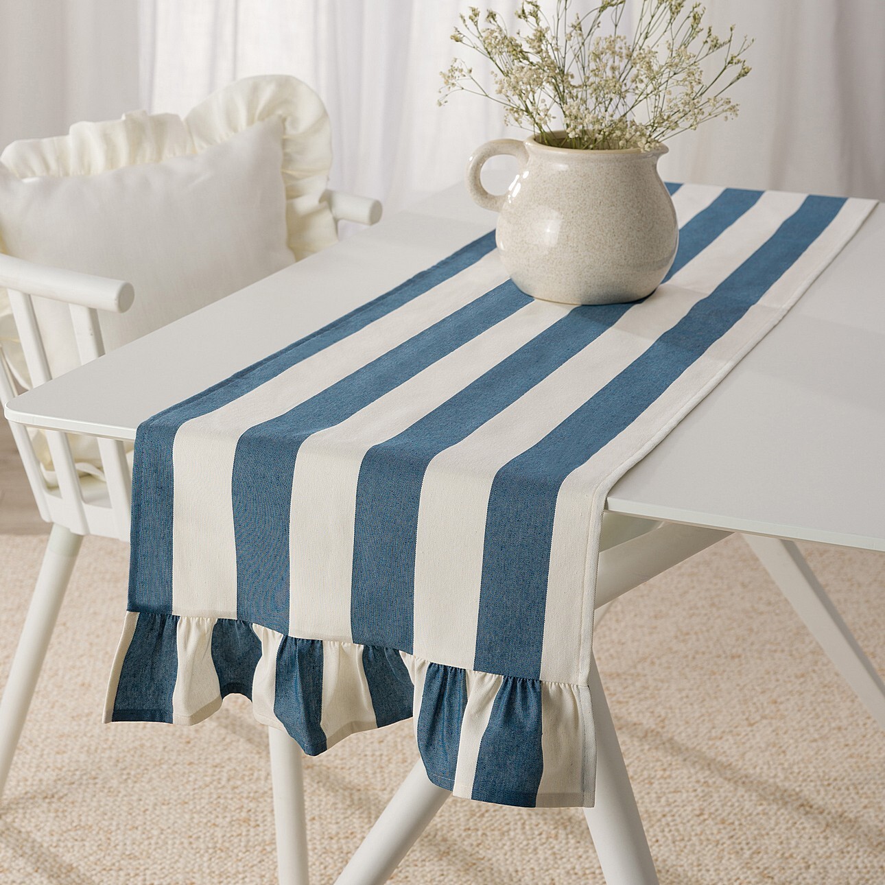 Tischläufer mit Rüsche 40x160 cm, blau-weiß, 40x160, Quadro (143-90)