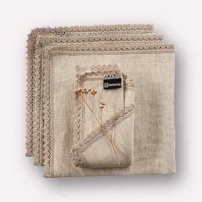 Set de serviettes de table en lin avec dentelle 4pc. 48 x 48 cm dans la collection Linen, Tissu: 392-05