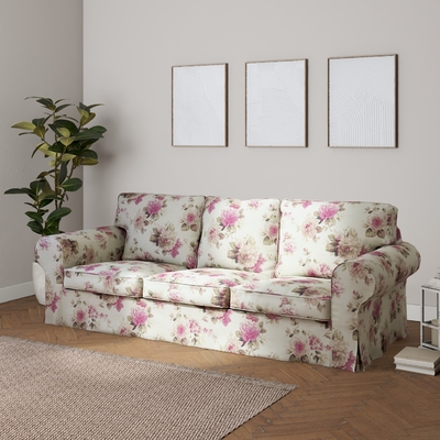 Ektorp 3 seater sofa cover pink and beige roses ivory background 141 07 218 x 88 x 73 cm Dekoria