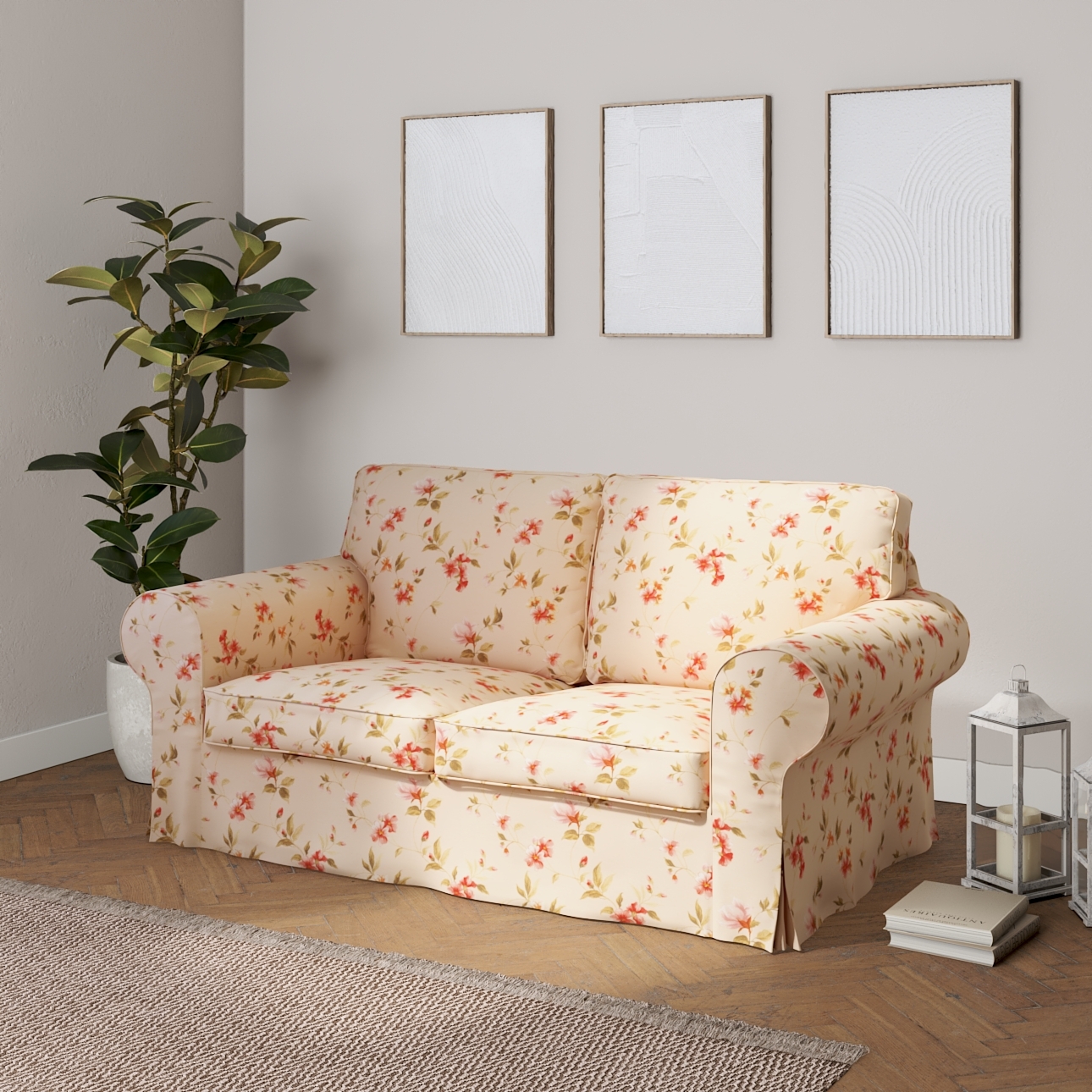 Ektorp 2 seater sofa bed cover for model on sale in Ikea 2004 2011 cream flowers 143 88 195 x 90 x 73 cm Dekoria